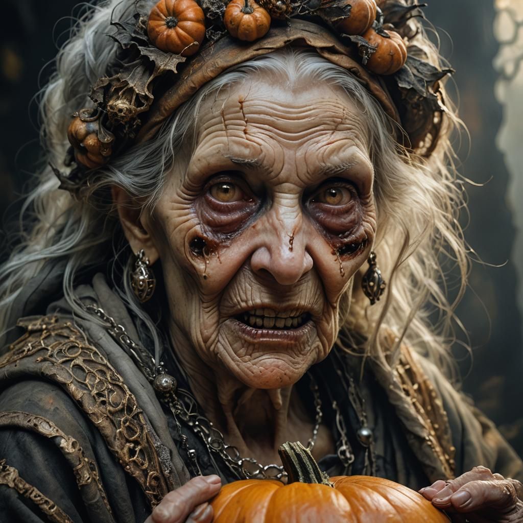 Withered Hag Holding Pumpkin: Hyperrealistic Portraiture