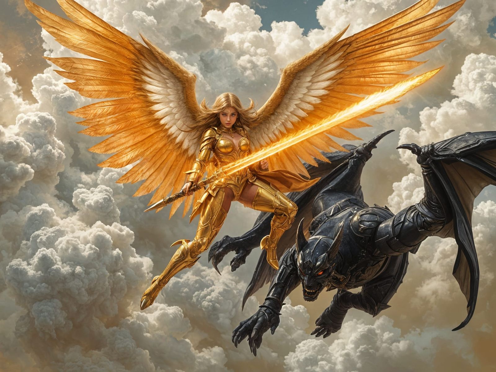 Angelic Warrior Battles Demon in the Sky