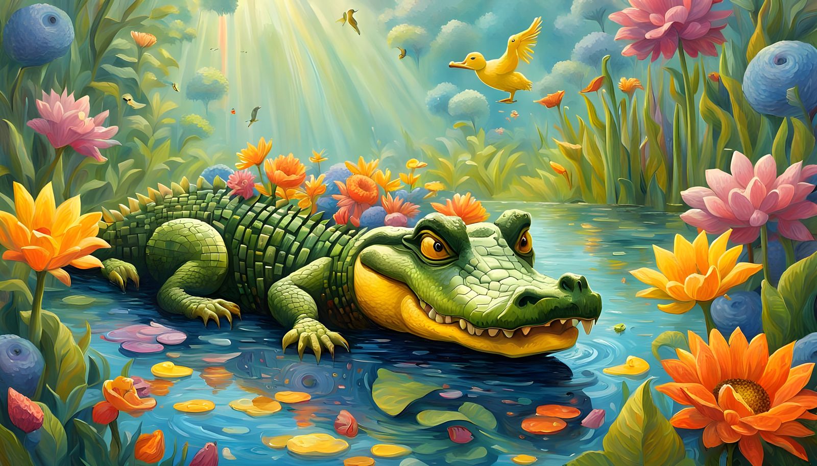 Impressionist Crocodile and Playful Duckling