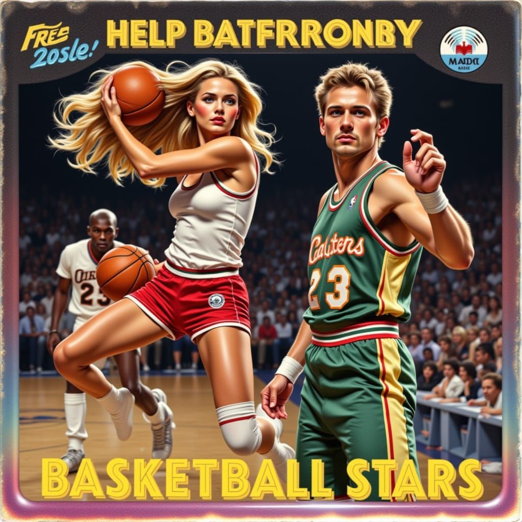 Retro Basketball Trading Card with Blonde Woman and Man