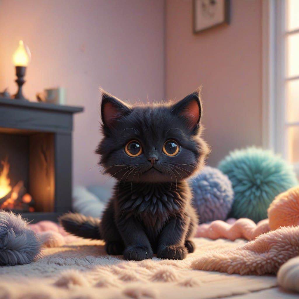 Adorable Black Kitten in Cartoon 3D Animation Style