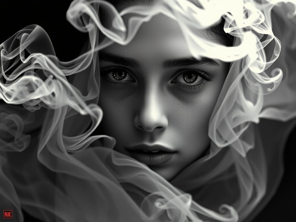 A Mysterious Smoke Portrait in Ink and Wash Style