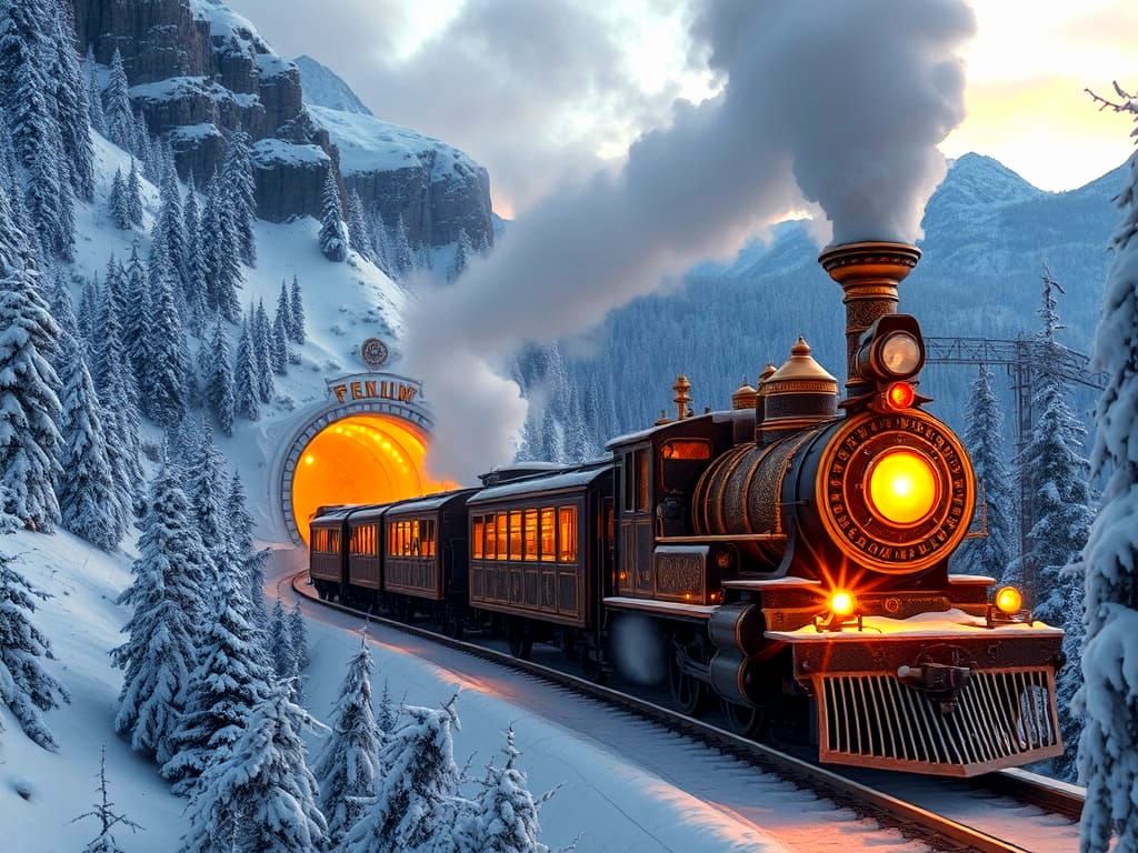 Ornate Train Emerges from Snowy Mountain Tunnel at Dusk