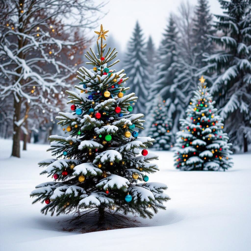 Festive Christmas Trees Adorned in Fresh Snow