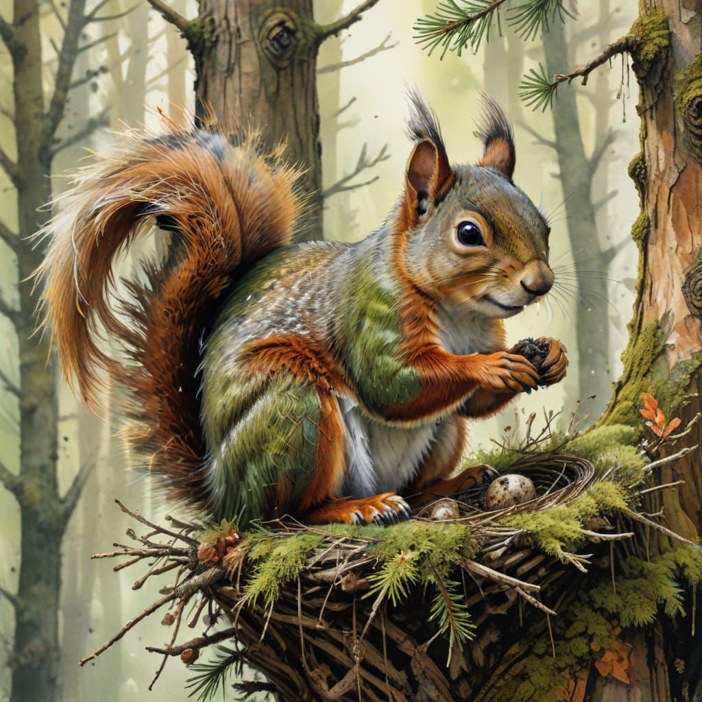 Vibrant Squirrel Nesting in Pine Tree Splash Art