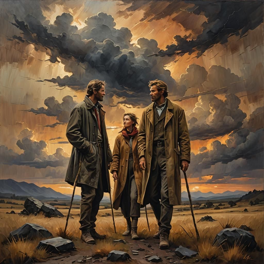 Couple Heals in Stormy Sunset: An Oil Painting