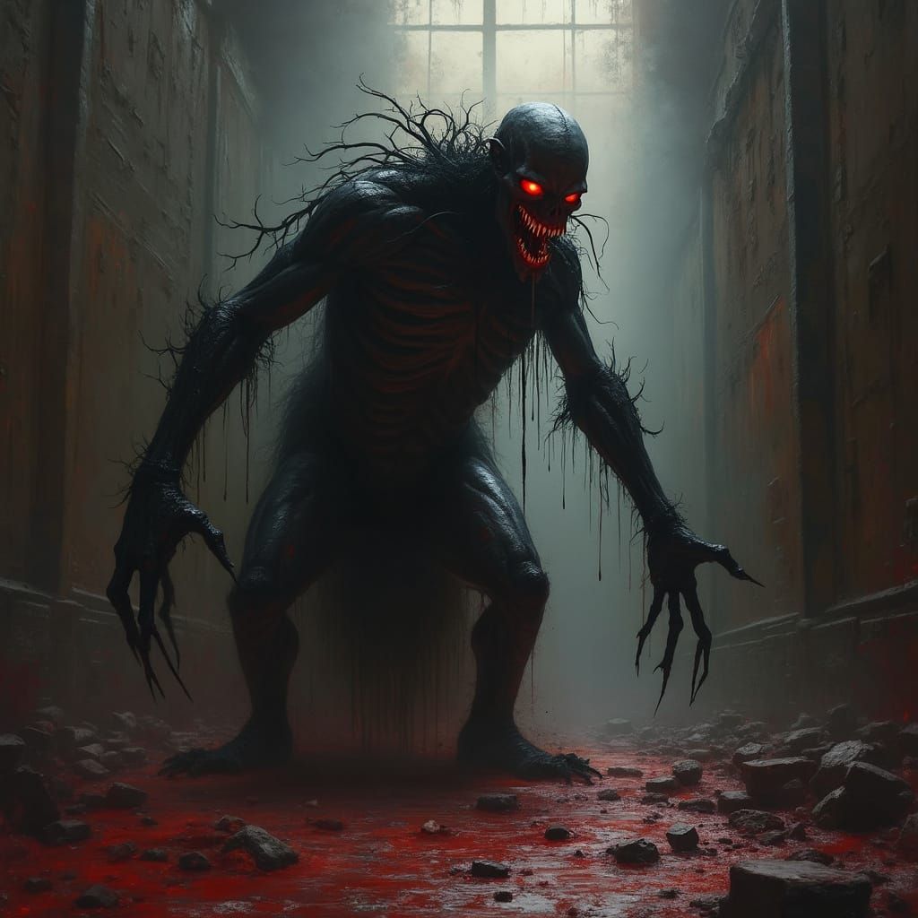 Vampire in Decaying Slaughterhouse, in Action Painting Style