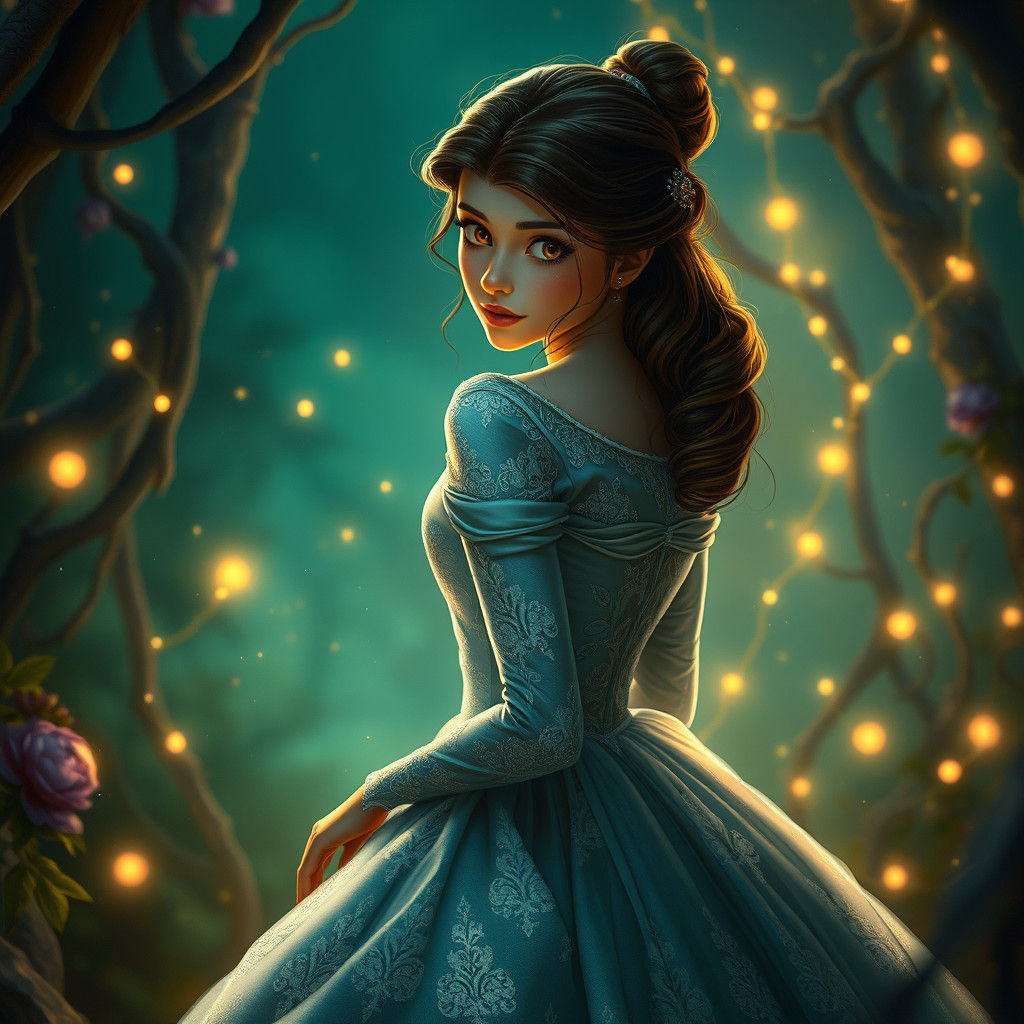 Belle in Gown Surrounded by Dancing Sparkles