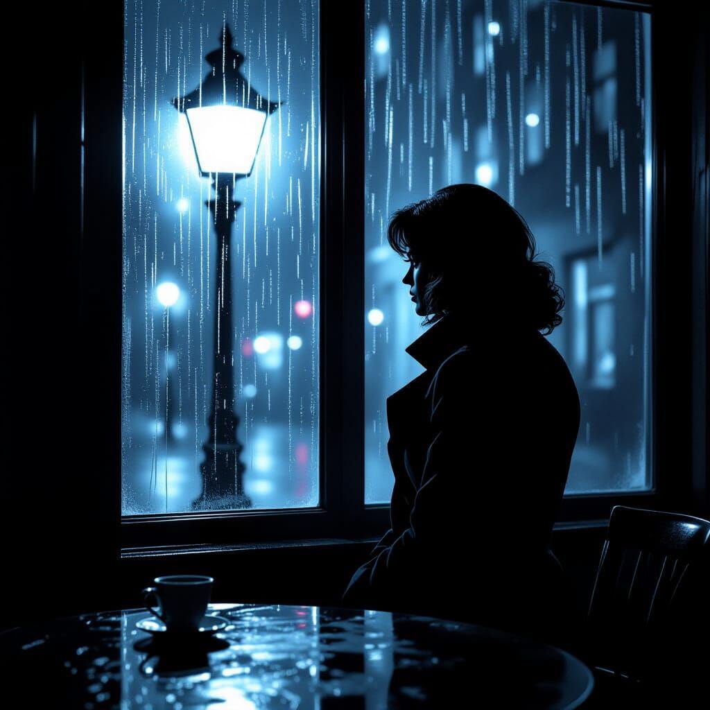 Film Noir Detective Silhouette at Rainy Window