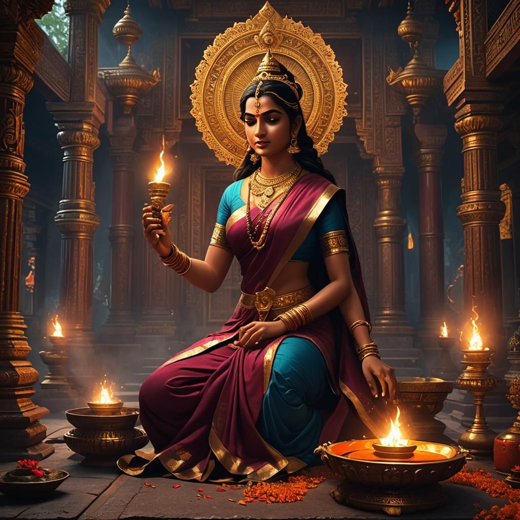Lakshmi Lights a Lamp in Temple: Detailed Matte Painting
