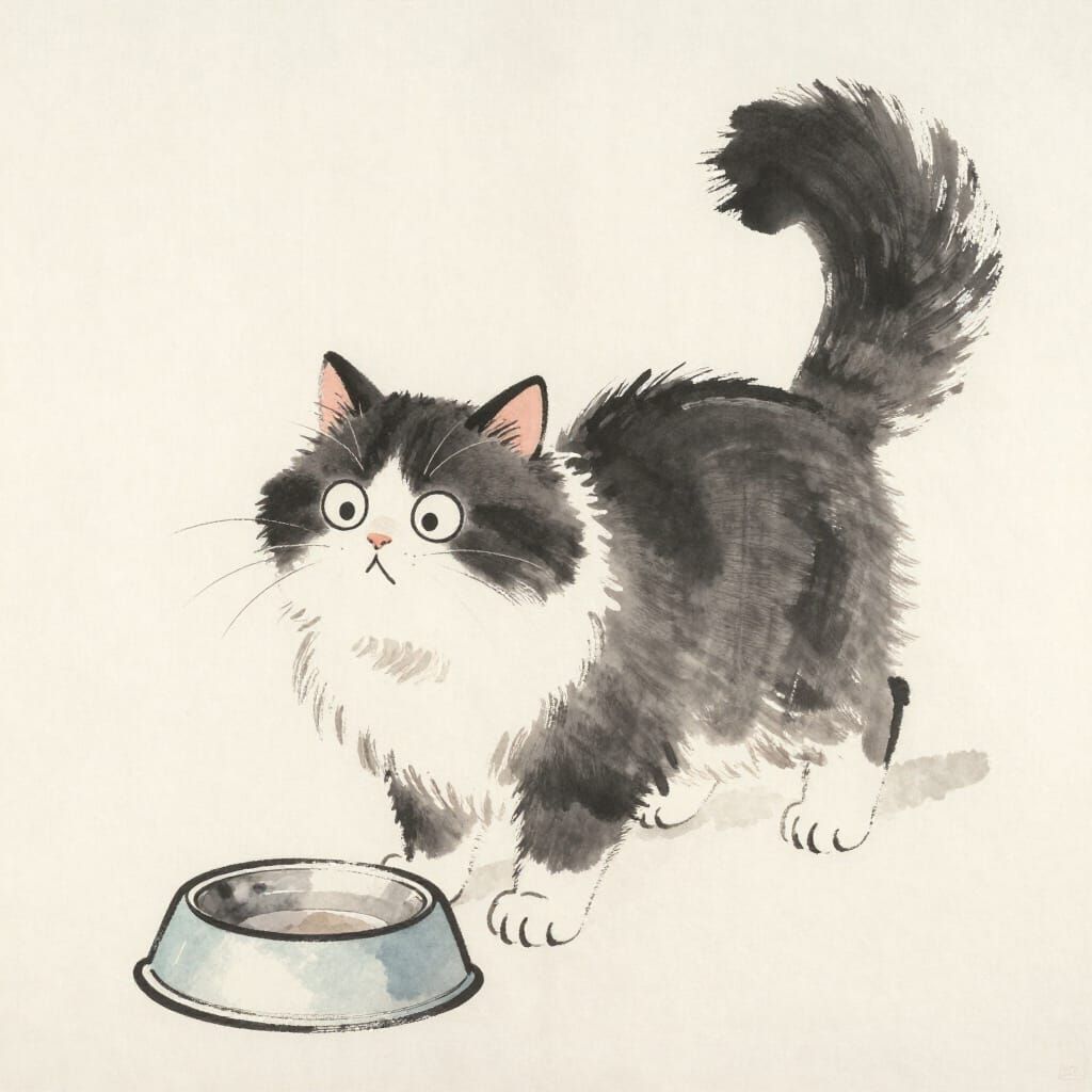 Fluffy Cat's Extreme Reaction to Empty Bowl