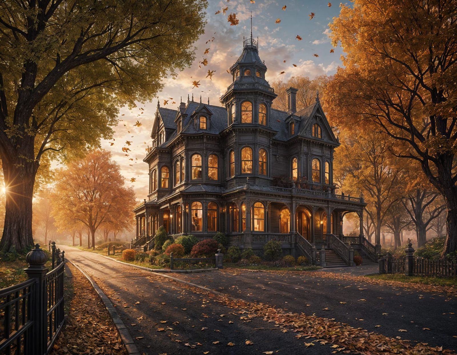 Victorian House in Autumn Sunset: Fantasy Concept Art
