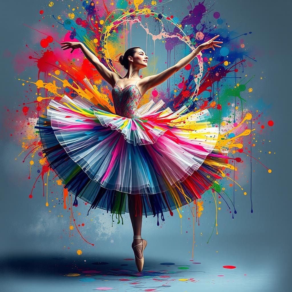 Ballerina in Paint Splatter Vortex, Abstract 3D Art