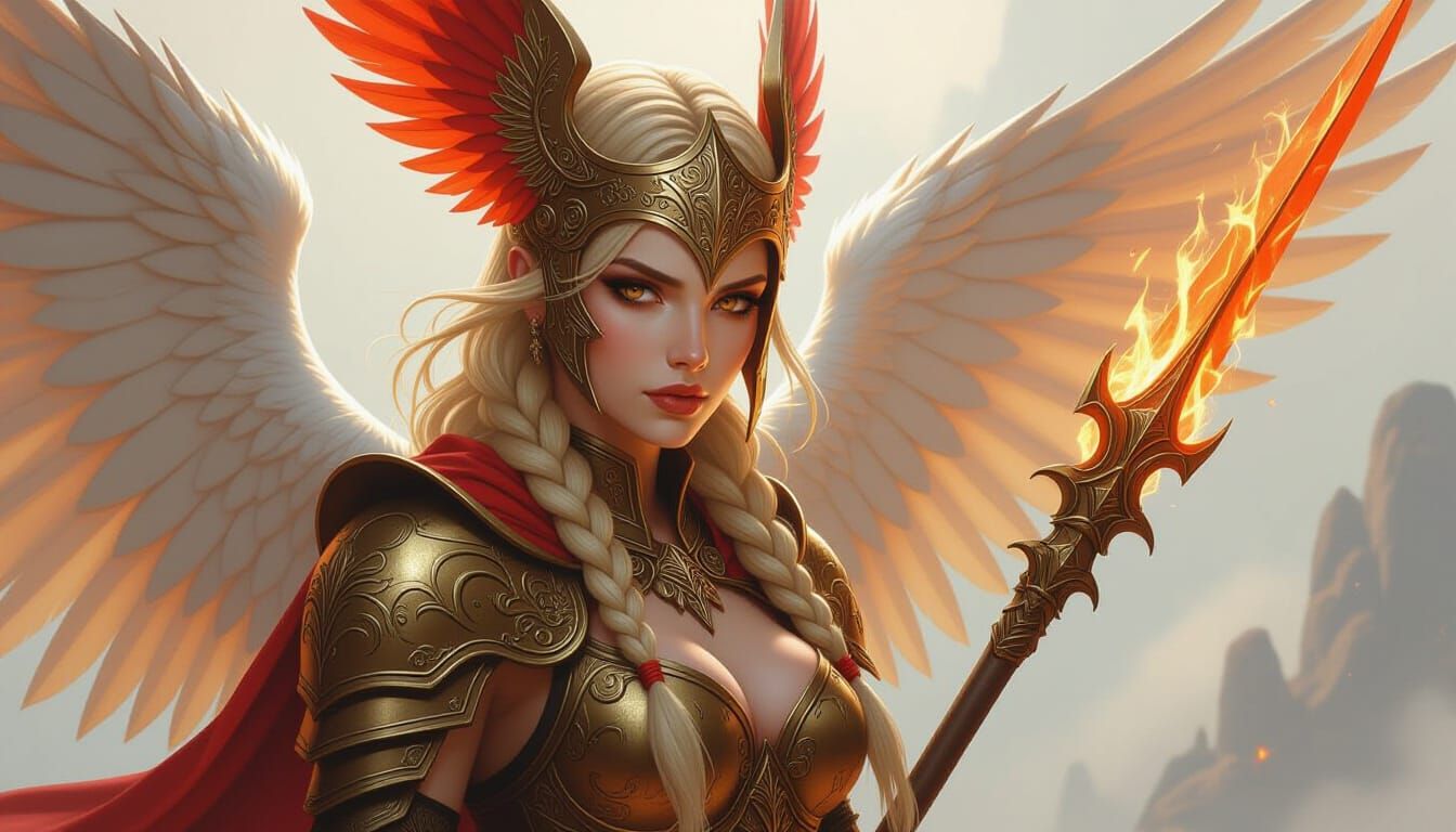 Ember Valkyrie Warrior with Flaming Spear in Mist