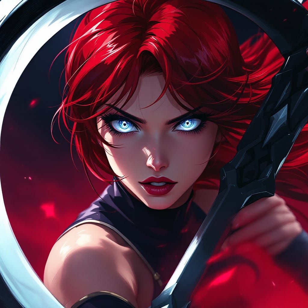 Red Haired Woman with Silver Eyes and Scythe