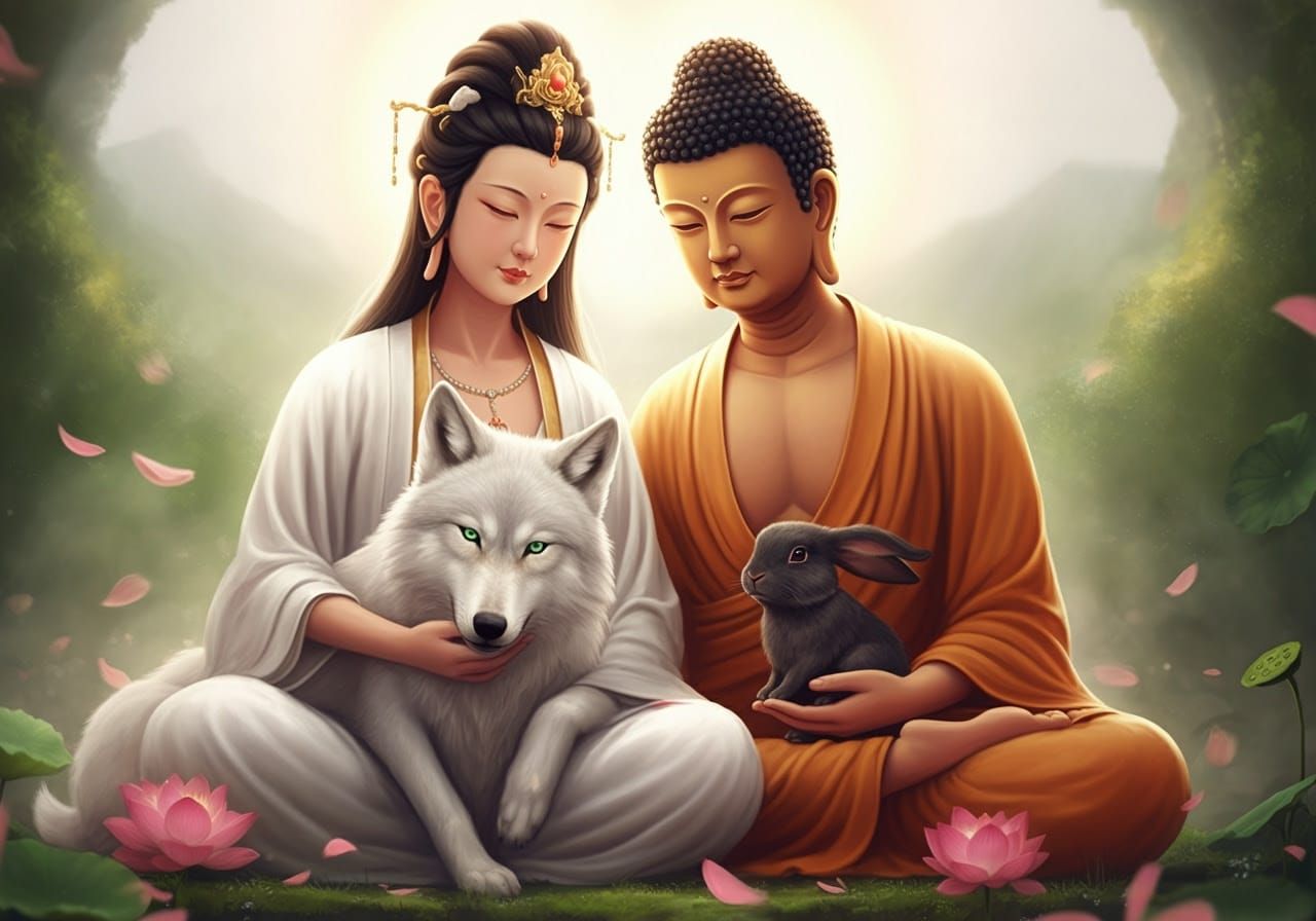 Wolfie, Quan Yin, Moon, and Buddha