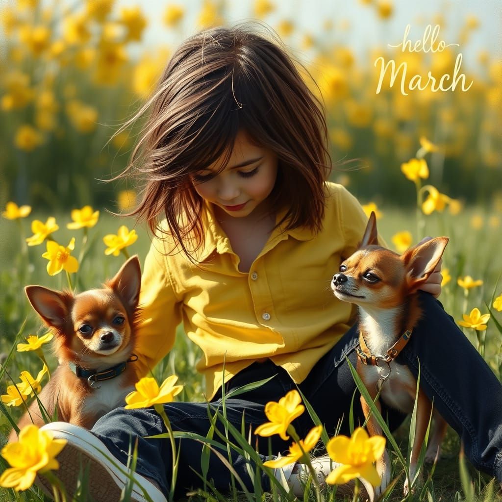 Young Girl Plays with Chihuahua in a Field of Daffodils