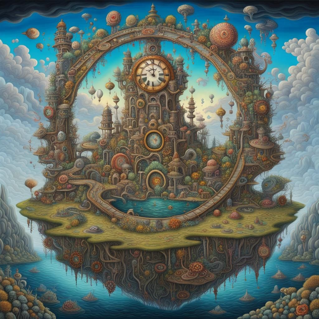 Floating Island with Clock Gears in Surreal Style