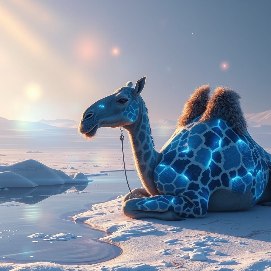 A camel with giraffe patterns white and blue, in a snow desert, sleep near the water. Translucent, luminous, magic.