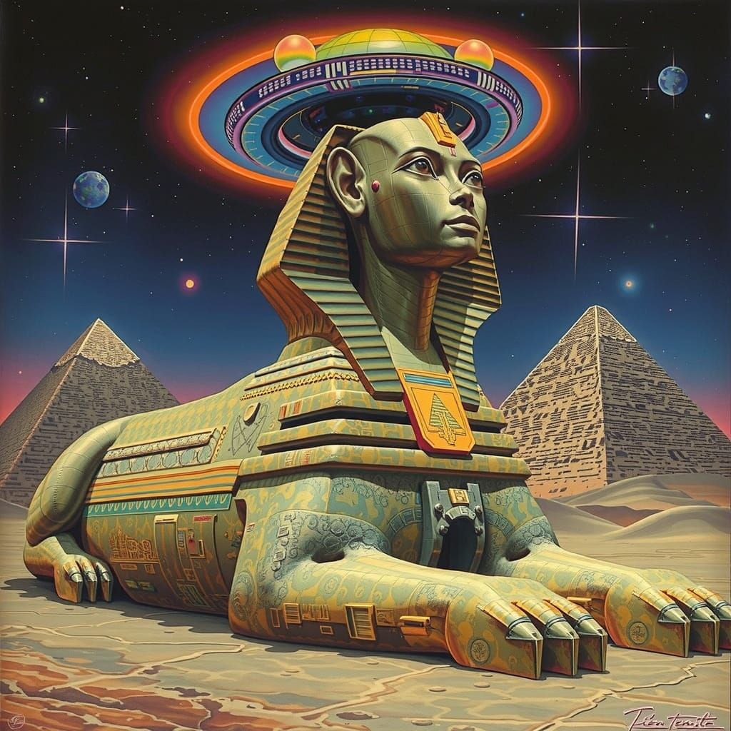 Cybernetic Sphinx in Surreal Egyptian Landscape with Hologra...