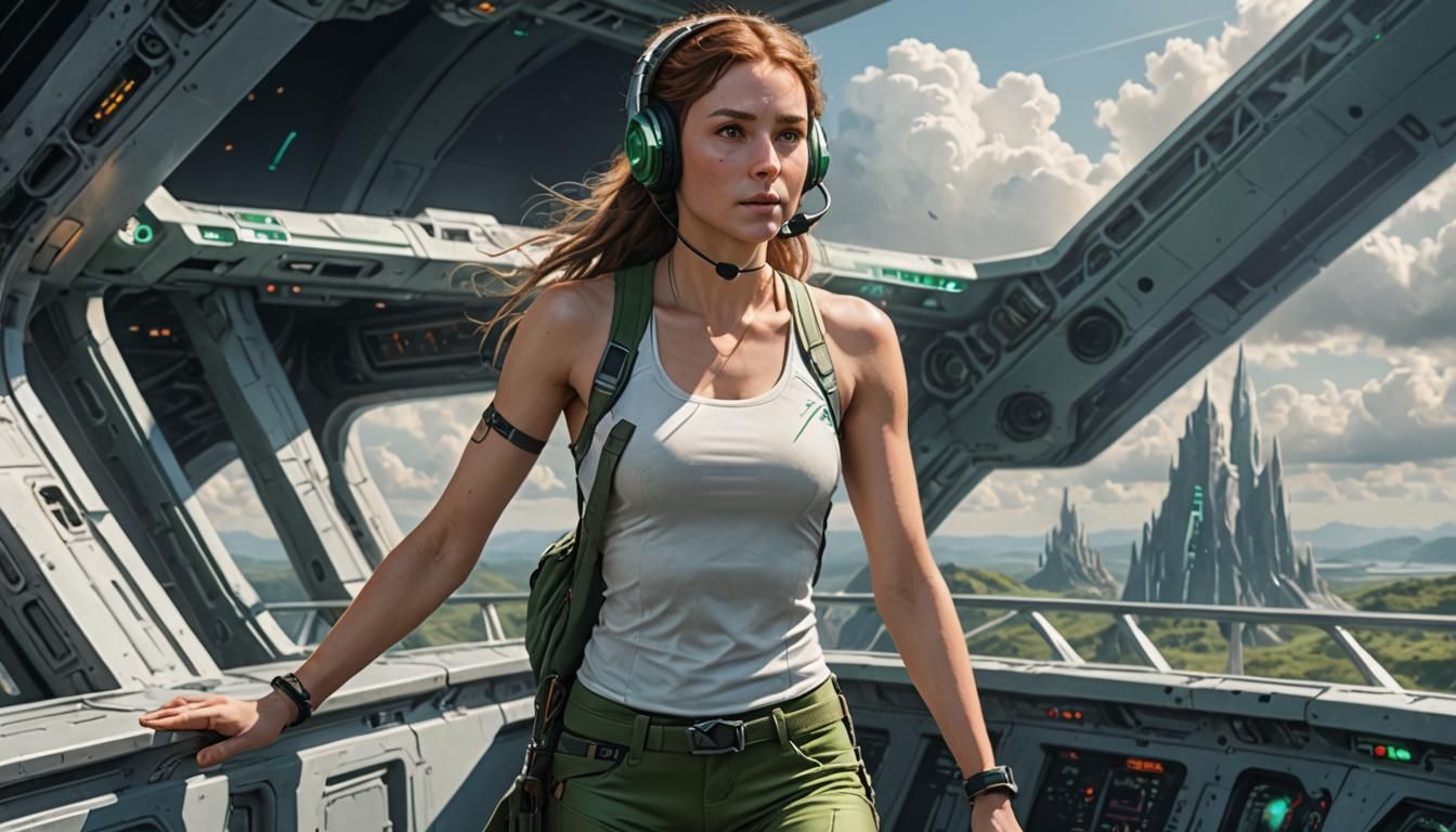 Elven Woman on Spaceship Bridge in Hyperrealism