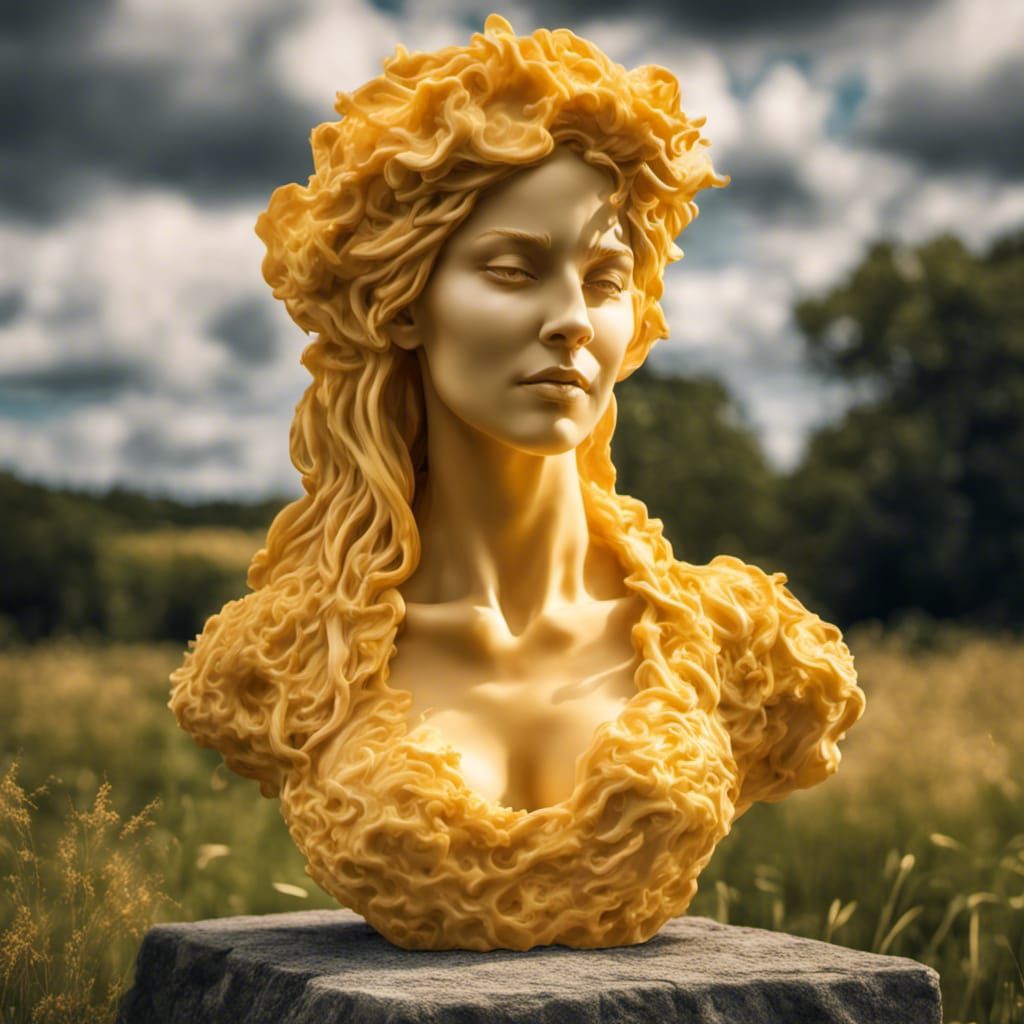 Cheese Goddess Statue in a Meadow, Hyperrealistic