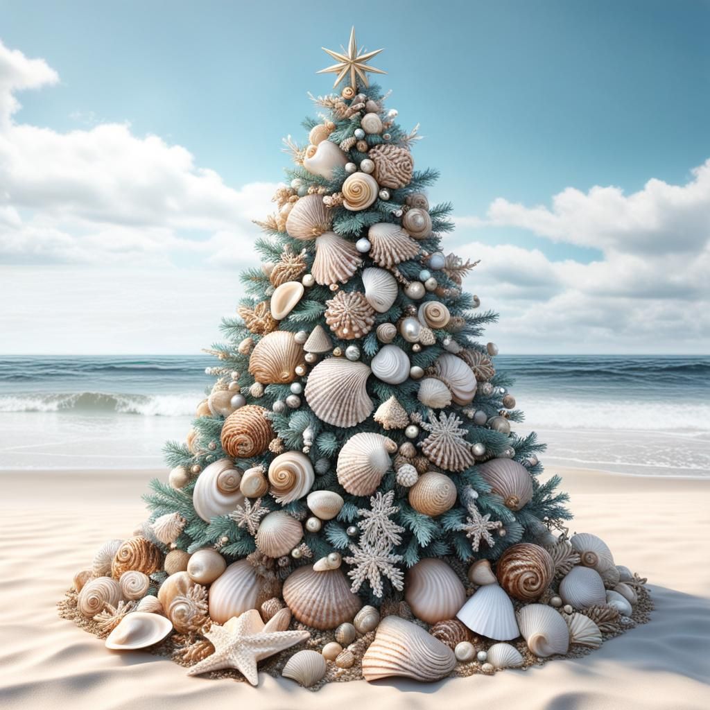 Seashell Christmas Tree on a Shore: 8k Masterpiece