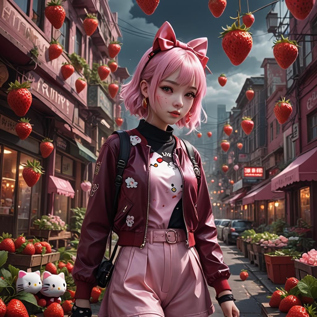Hello Kitty Girl with Pink Hair, Digital Art