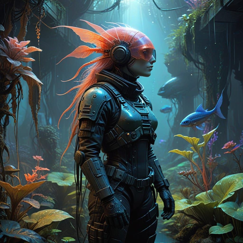 Axolotl in Tactical Gear: Futuristic Aquarium Scene