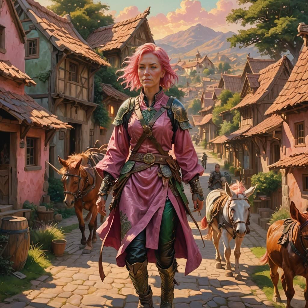 Elegant Warrior Walks Through a Village in Medieval Style