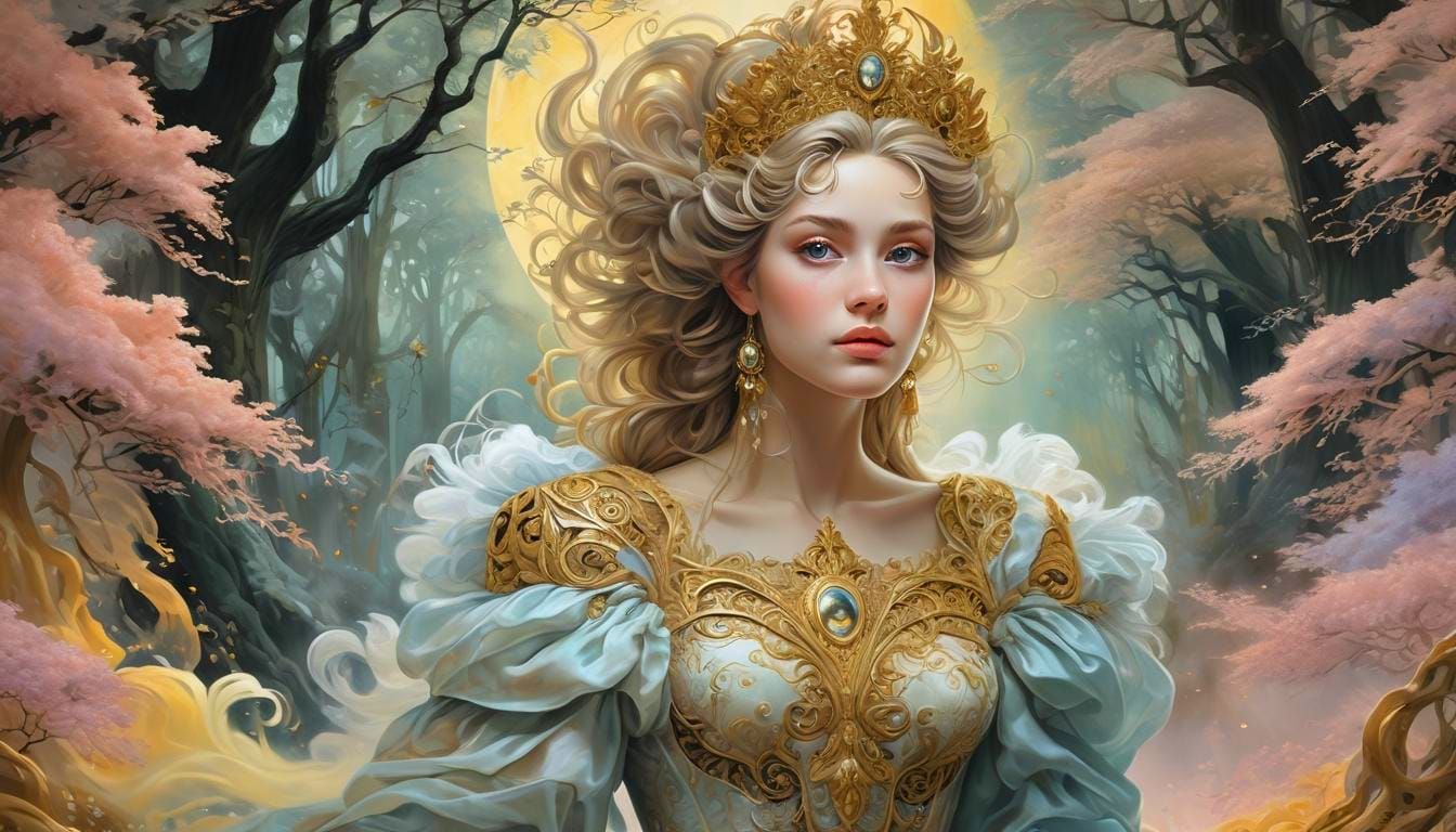 Surreal Princess Portrait in Baroque Gouache Style