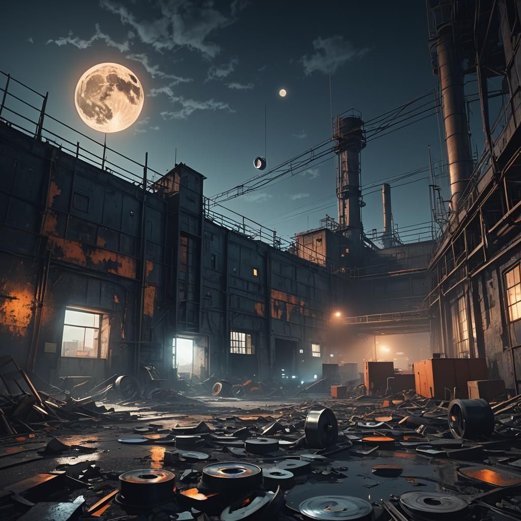 Dystopian Surrealism: Vinyl Moon in Abandoned Factory