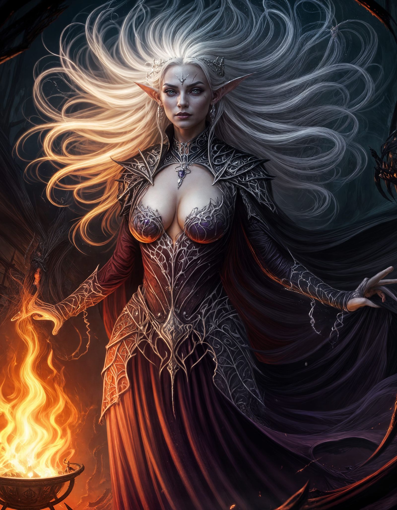 Dark Elf Sorceress Confronts Shadowy Spider in Haunting Fant...