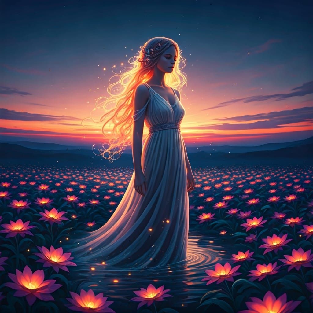Bioluminescent Twilight: Woman in a Field of Light