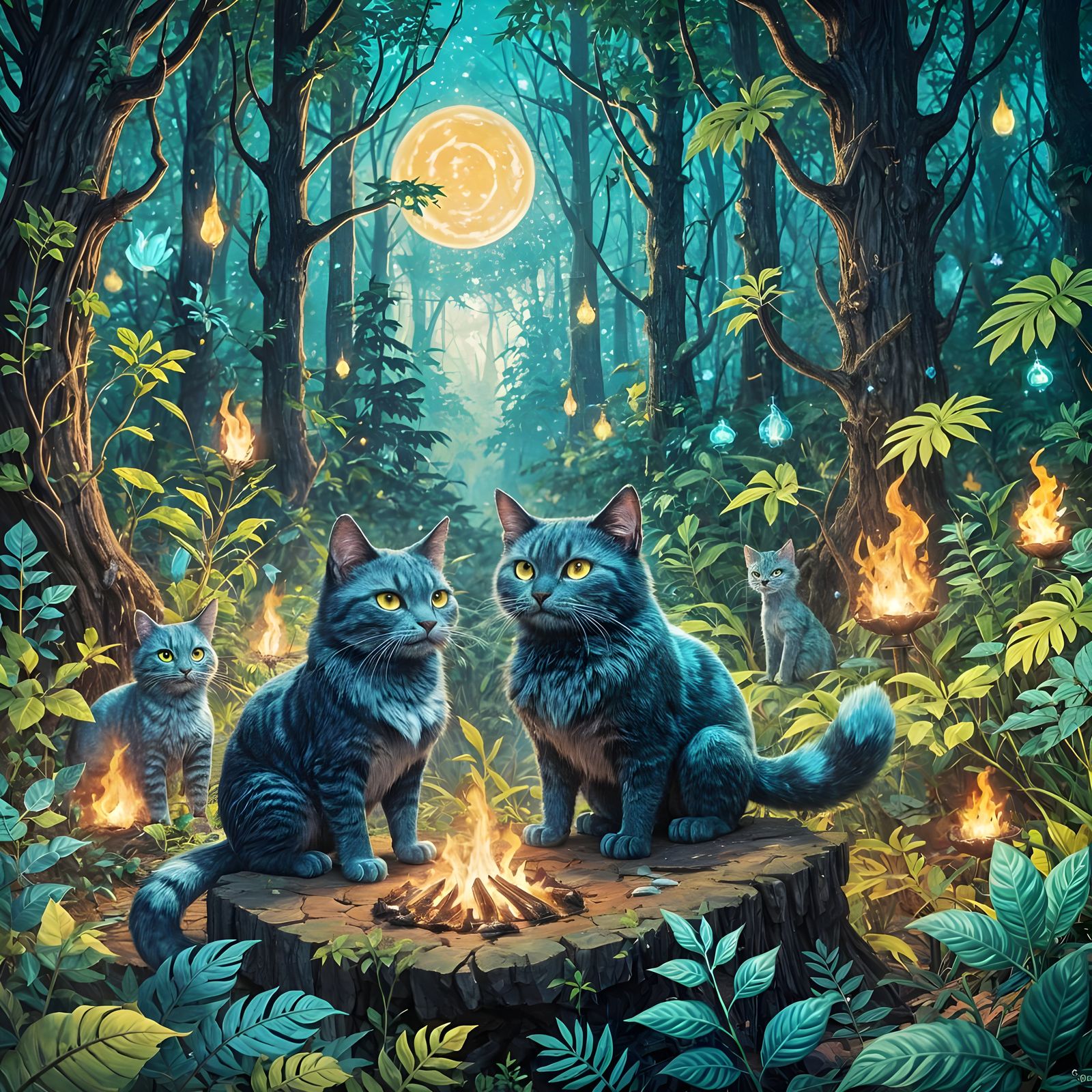Space Cat Tribe Dancing in Enchanted Forest