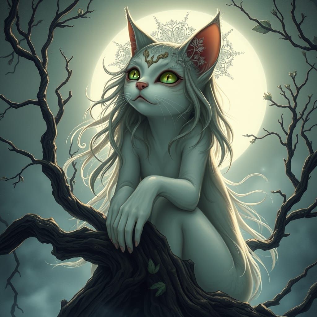 Gothic Catgirl Maiden in Moonlit Forest, Twisted Wood, and W...
