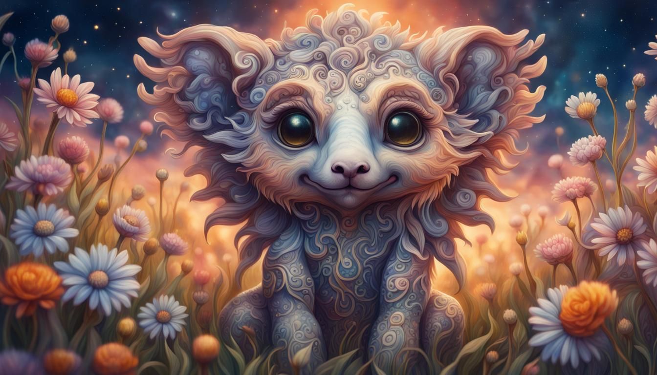 Ornate Fantasy Creature in Flower Field Painting