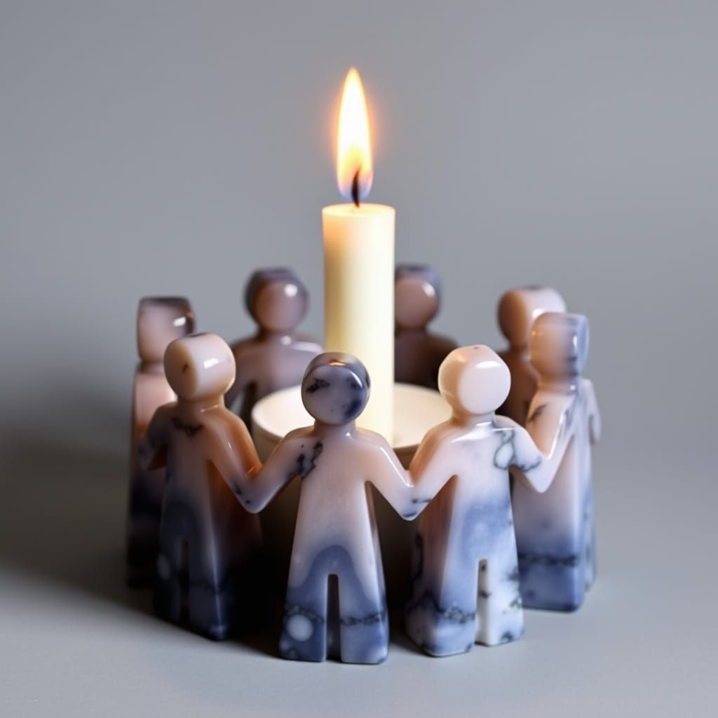 A sodalite candleholder shaped to look like a group of peopl...