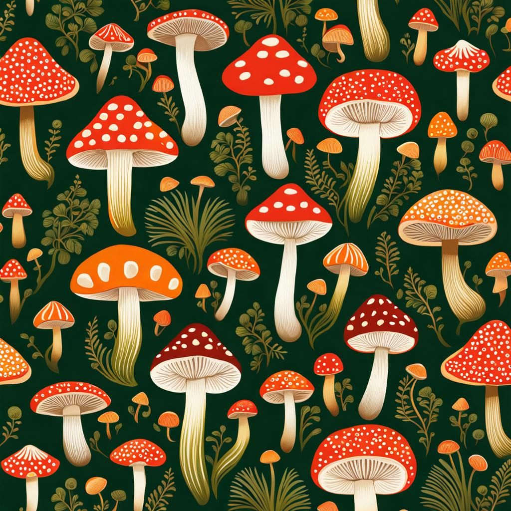 Folk Art Gouache: Mushroom Wallpaper Pattern