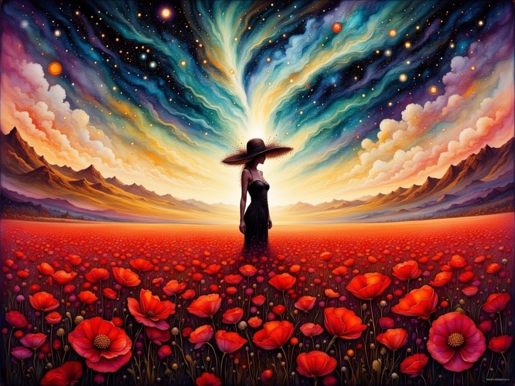 Crimson Poppy Field Fantasy in Ink Art Style