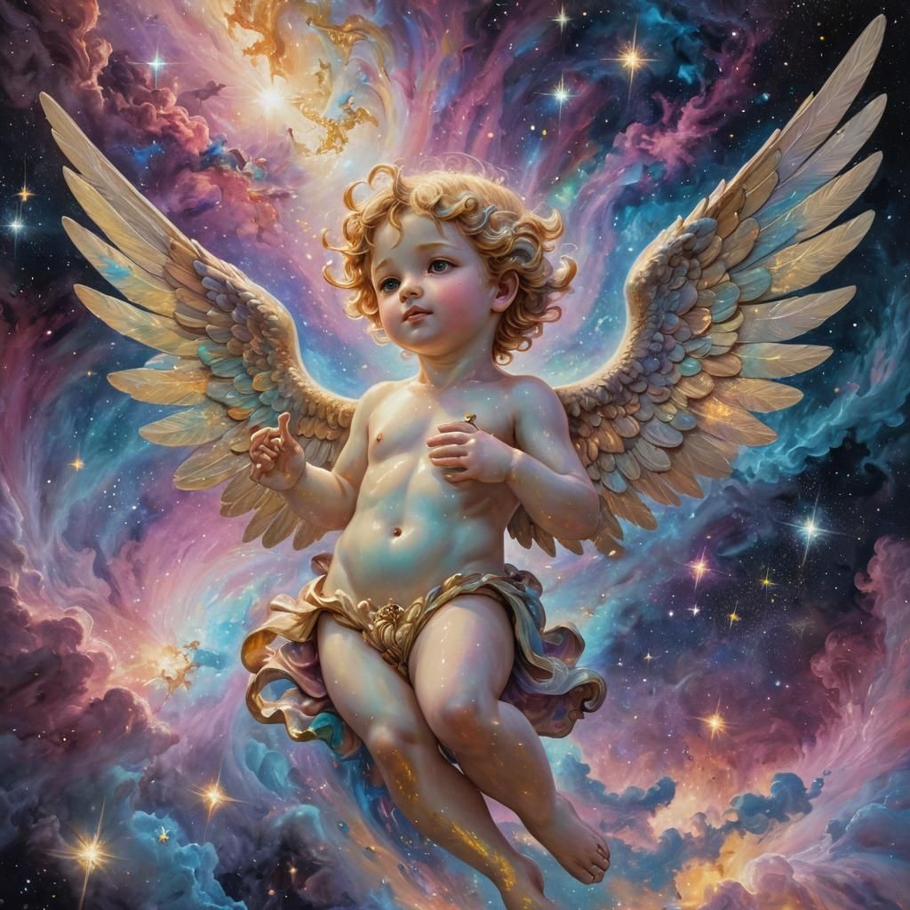 Cosmic Cherub Among Nebulae in Dreamlike Oil Painting