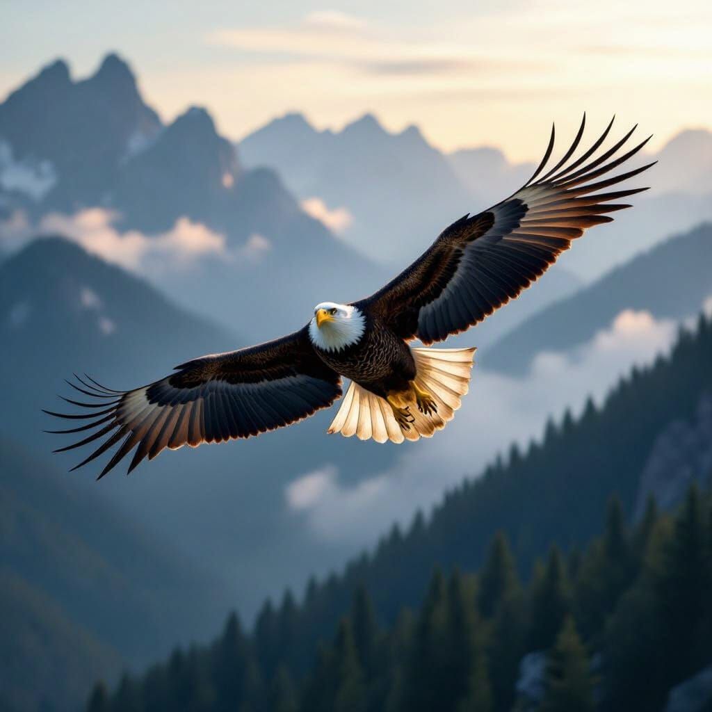 Bald Eagle Soaring Over Misty Mountains at Dawn