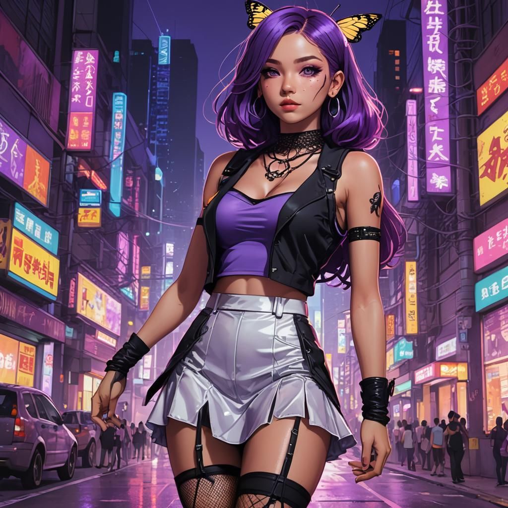 Neon City Woman in Anime Style