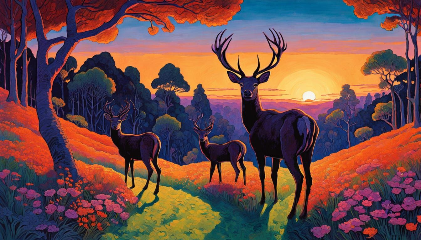 Mystical Deer in Dreamlike Forest Sunset
