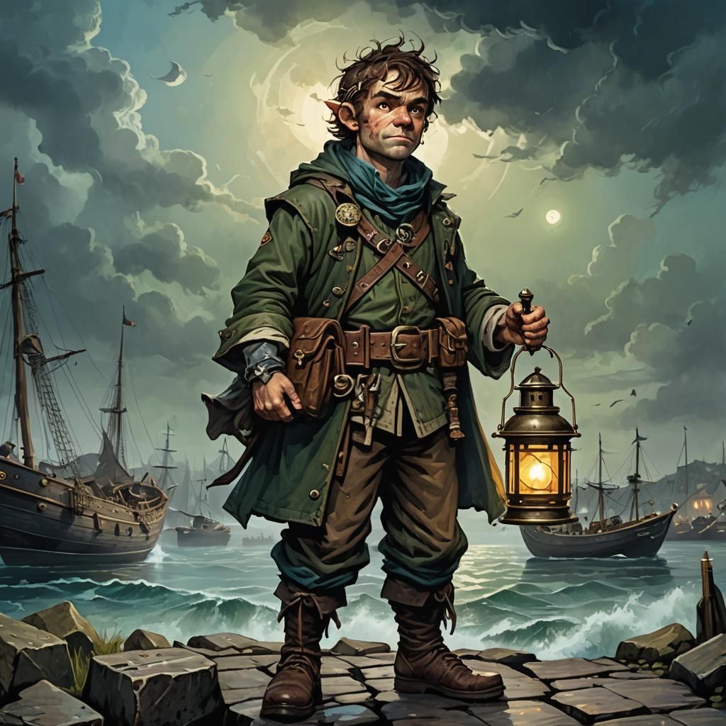 Halfling Smuggler in Gloomy Harbour, Fantasy Art