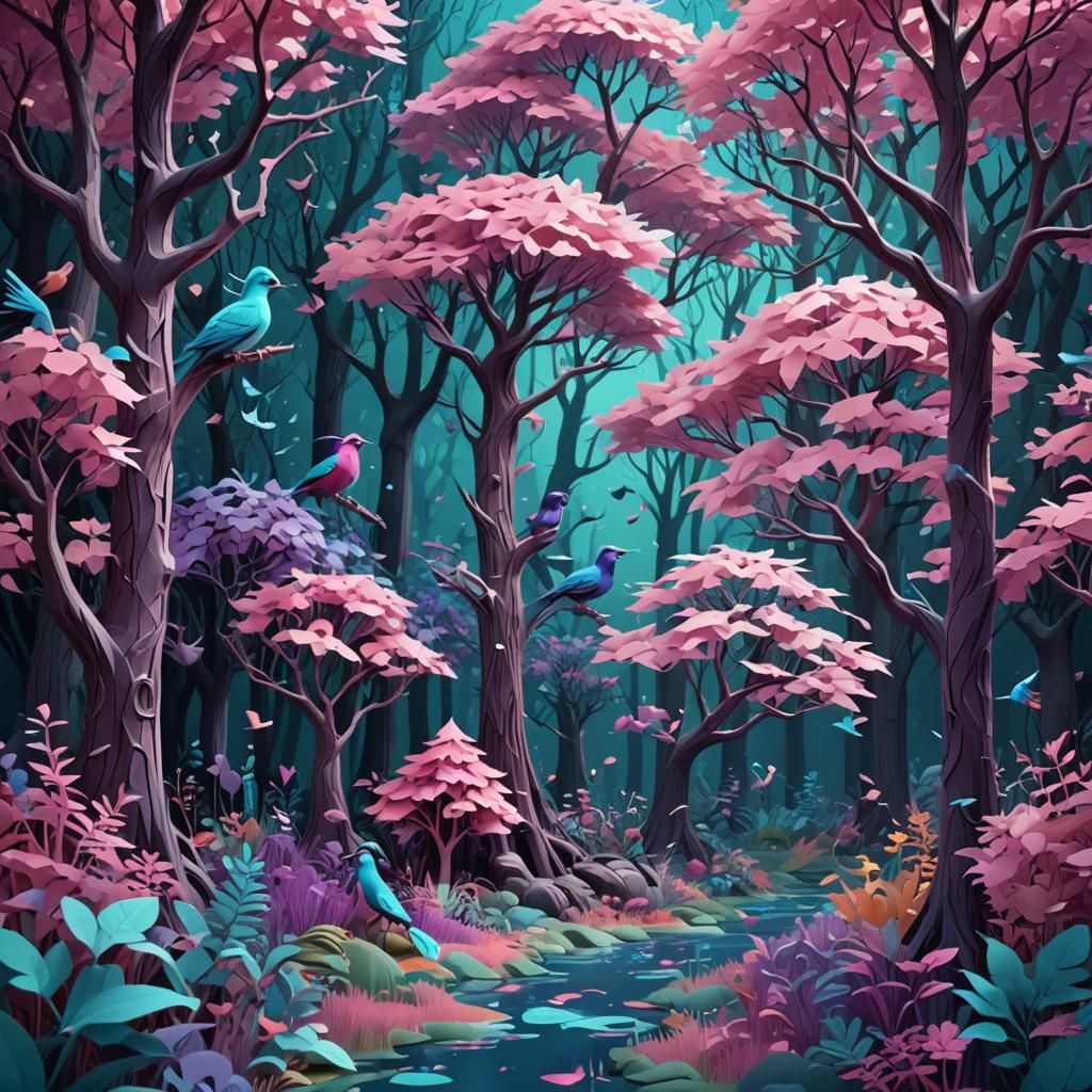 A paper cut out craft style scene of an enchanted forest, wi...