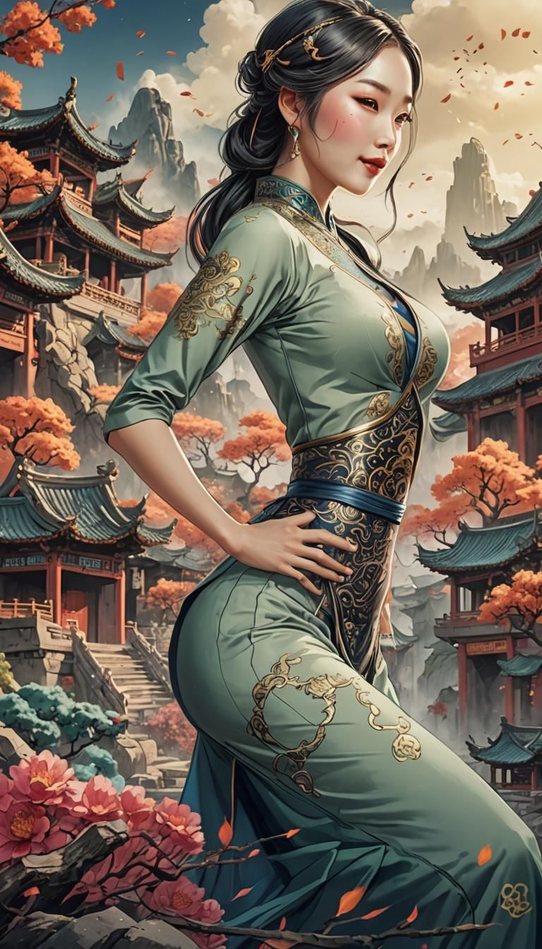 Smiling Face in Chinese Ink Style: Detailed Matte Painting