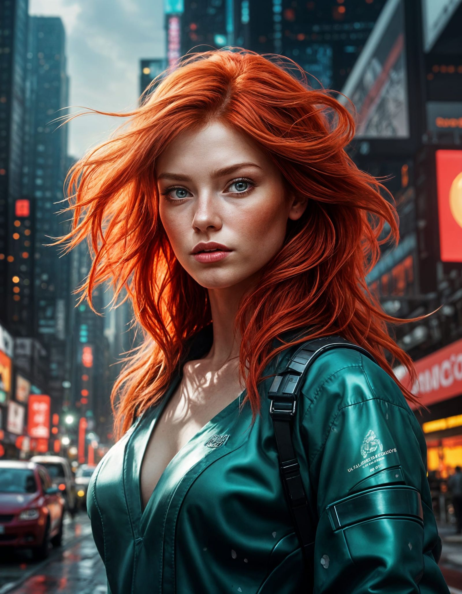 Cyberpunk Red Haired Goddess in Futuristic City