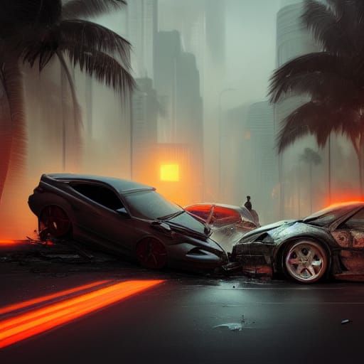 Car Crash in Miami: Dark Fantasy Concept Art