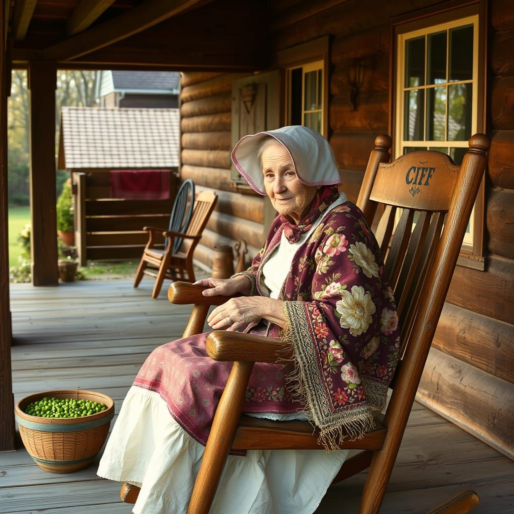 Rustic Farmhouse Scene: Grandmother Shelling Peas in Warm Go...